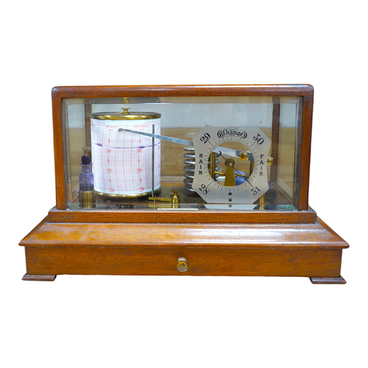 An oak cased barograph with integral barometer by Thomas Armstrong & Bro. Ltd. 78 Deansgate, Manchester, with bevelled glass panels and drawer to base, 37cm wide, 23cm deep, 22cm high. Condition - good, untested.